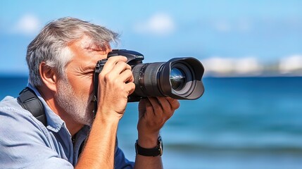 Obraz premium Photographer Capturing a Moment by the Ocean