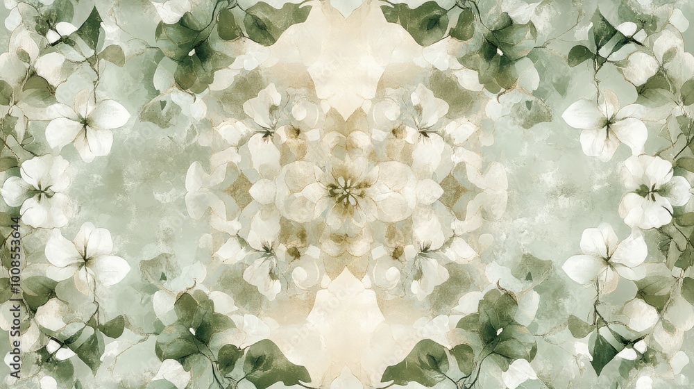 Poster symmetrical floral shapes in soft green and beige, connected by flowing vines that spread across the