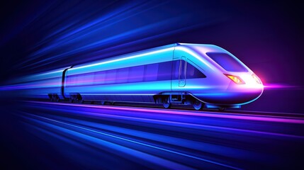 Fototapeta premium Futuristic high-speed train in motion, showcasing dynamic lights and sleek design against a vibrant gradient background.