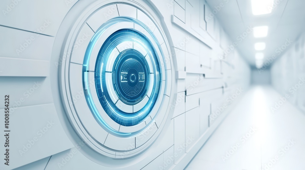 Poster futuristic technology design featuring a sleek, circular interface embedded in a white corridor with