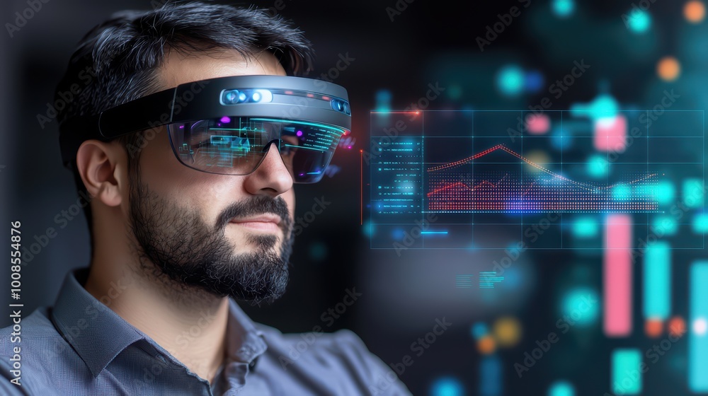 Poster man wearing augmented reality glasses, analyzing digital data and statistics in a modern tech enviro
