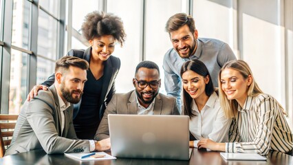 Office laptop, diversity and four businessperson  reading online report, website design feedback or research project. Collaboration, staff mentor and team designer working on company homepage developm