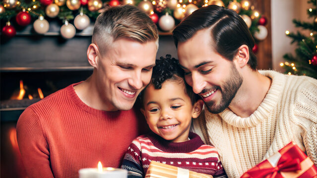 Happy same-sex couple celebrating Christmas with adopted child in front of fireplace, joyful atmosphere