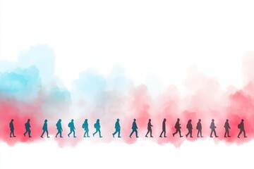 Silhouettes of diverse individuals walking against a watercolor background in shades of blue and red, creating a sense of motion and community.