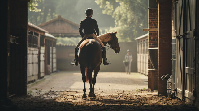 Leading a horse out of the stable in the early morning light at a serene equestrian center