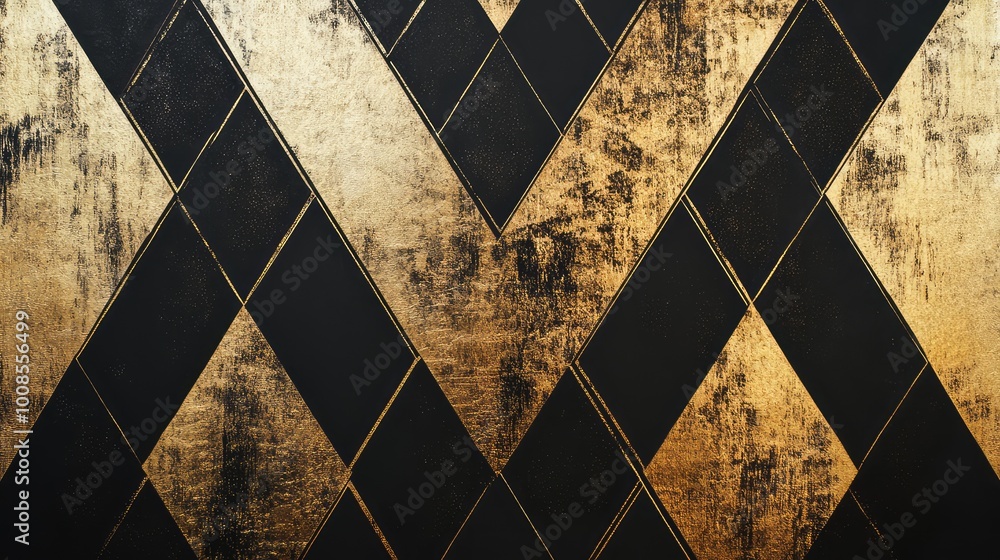 Poster thin, angular lines in alternating black and gold, forming a sharp, diamond-shaped pattern that adds