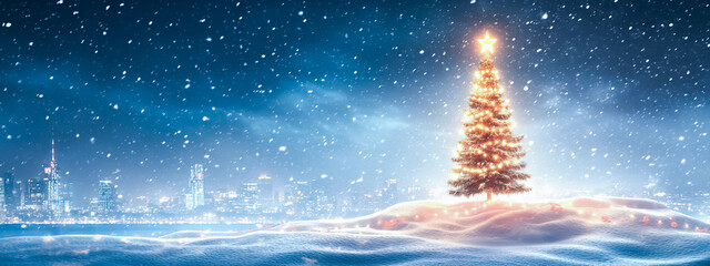 Fototapeta premium Snowy landscape slope with skyline and a decorated Christmas tree, for For new year celebration festival and winter season.