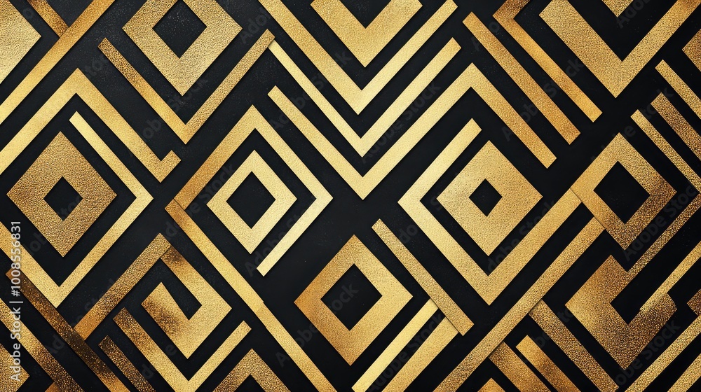 Poster thin, angular lines in alternating black and gold, forming a sharp, diamond-shaped pattern that adds