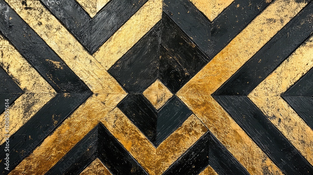 Poster thin, angular lines in alternating black and gold, forming a sharp, diamond-shaped pattern that adds