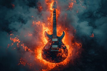 Fiery Guitar Surrounded by Smoke and Flames