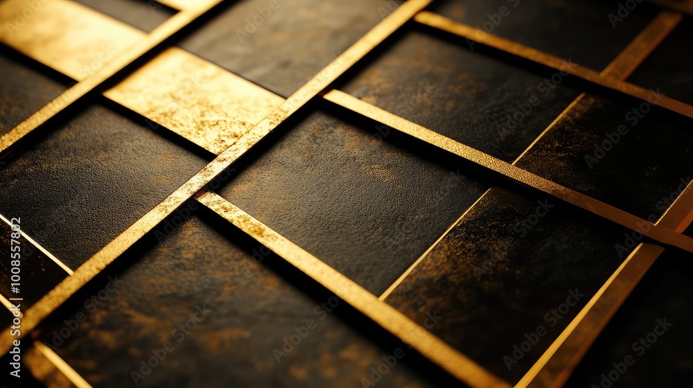 Poster thin, angular lines in alternating black and gold, forming a sharp, diamond-shaped pattern that adds