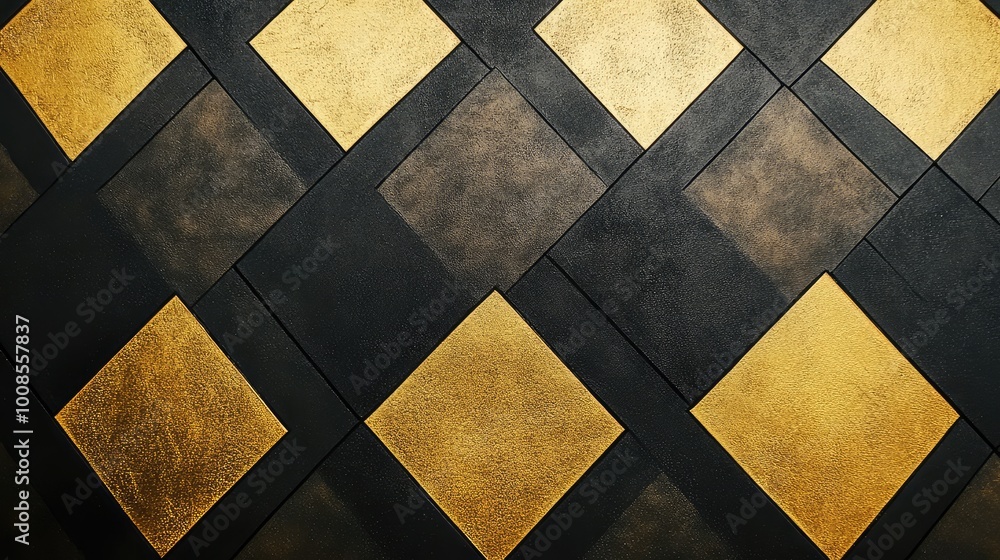 Poster thin, angular lines in alternating black and gold, forming a sharp, diamond-shaped pattern that adds