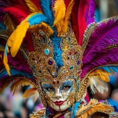 Extravagant Carnival Mask with Gold Accents and Colorful Feathers