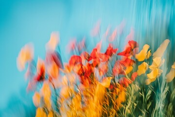 Vibrant Abstract Flowers in Motion Against a Blue Sky