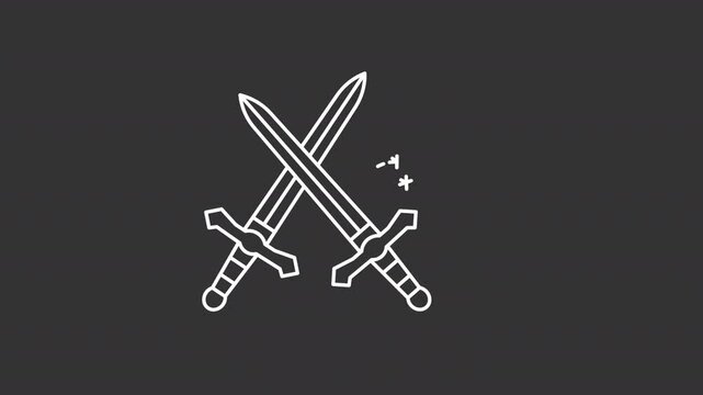 Sword fight white line animation. Animated crossed swords icon. Medieval edge weapon. Historical artifacts.Isolated illustration on dark background. Transition alpha video. Motion graphic