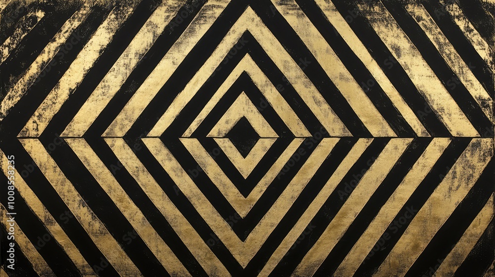 Poster thin, angular lines in alternating black and gold, forming a sharp, diamond-shaped pattern that adds
