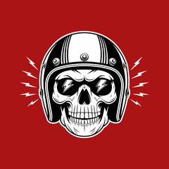 A skull with a helmet on a red background. The skull has a menacing look and the helmet is black and white