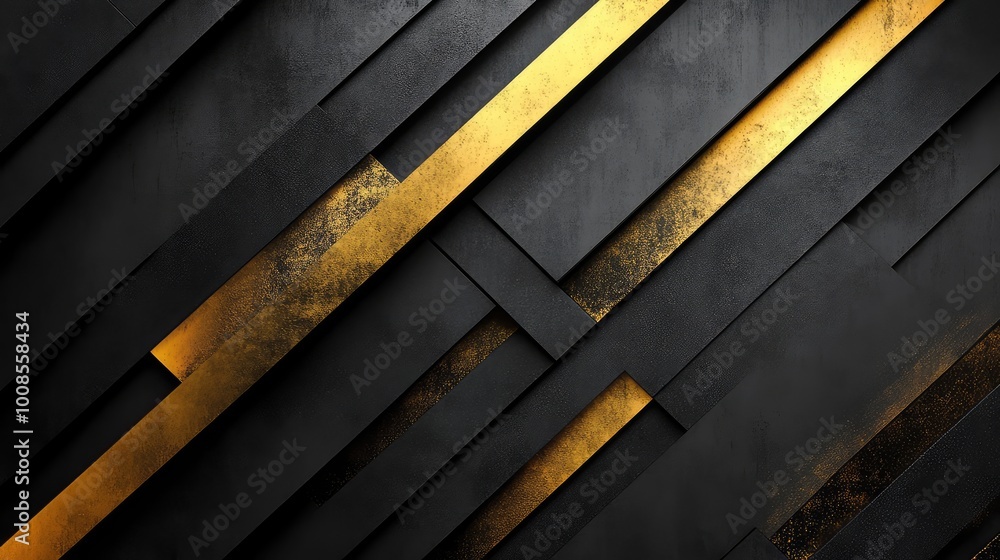 Poster thin, angular lines in alternating black and gold, forming a sharp, diamond-shaped pattern that adds