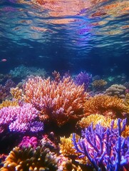 Vibrant coral reef underwater with colorful corals and a sunlit surface.