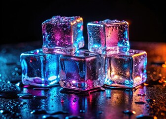 Glimmering Ice Cubes on a Sleek Black Background, Perfect for Drink or Beverage Related Imagery