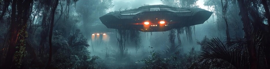 A mysterious UFO hovers over a foggy jungle, illuminating the mist with its eerie lights, evoking wonder and curiosity.