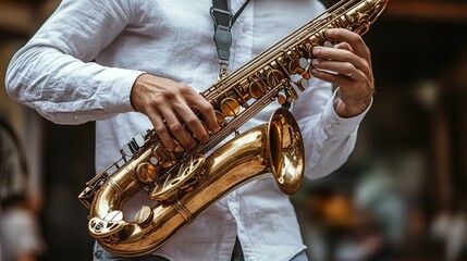 Obraz premium Saxophone Player in a White Shirt