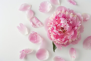Obraz premium Elegant flower arrangement with a pink peony and its petals on a white surface, copy space