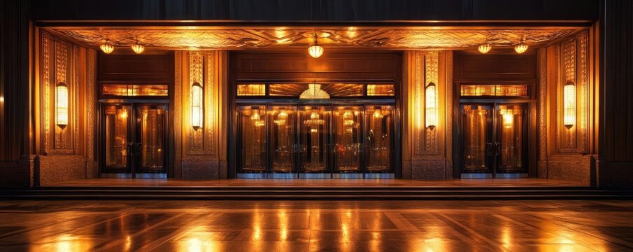 Elegant entrance with art deco style, illuminated by warm lights. A stunning architectural detail showcasing luxury and sophistication.