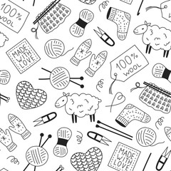 Knitting and Crochet Doodle Elements Seamless Pattern. Hand drawn black and white needlecraft background with tools knitwear wool symbols. Repeat vector illustration