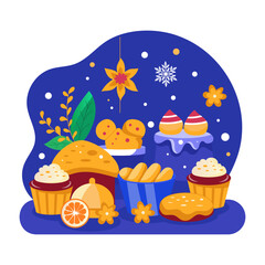 A flat style illustration of festive food