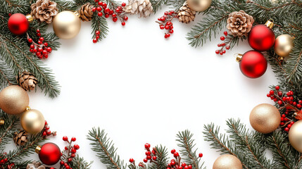 An ornate holiday-themed frame features red and gold baubles, pine branches, and vibrant berries, capturing the spirit of celebration and joy.