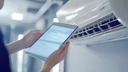 Fototapeta premium Person Controlling Air Conditioner with Tablet