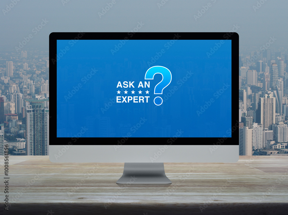 Poster ask an expert with star and question mark sign icon on desktop modern computer monitor screen on woo