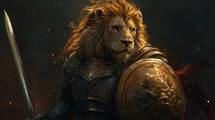 lion warrior with sword and shield. fantasy art