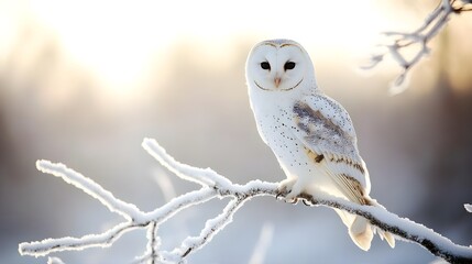 White owl perching on frost covered branch with pale wintry sun in background