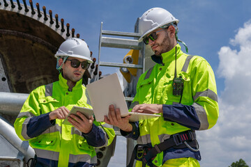 Maintenance engineer team standing at windmills at wind turbine farm. Group of people wear safety helmet and uniform working at alternative renewable energy wind station. Sustainable energy technology