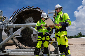 Maintenance engineer team standing at windmills at wind turbine farm. Group of people wear safety helmet and uniform working at alternative renewable energy wind station. Sustainable energy technology