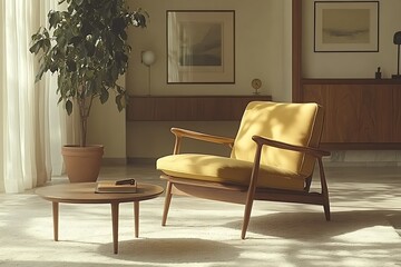Cozy living room with a yellow chair and plant.