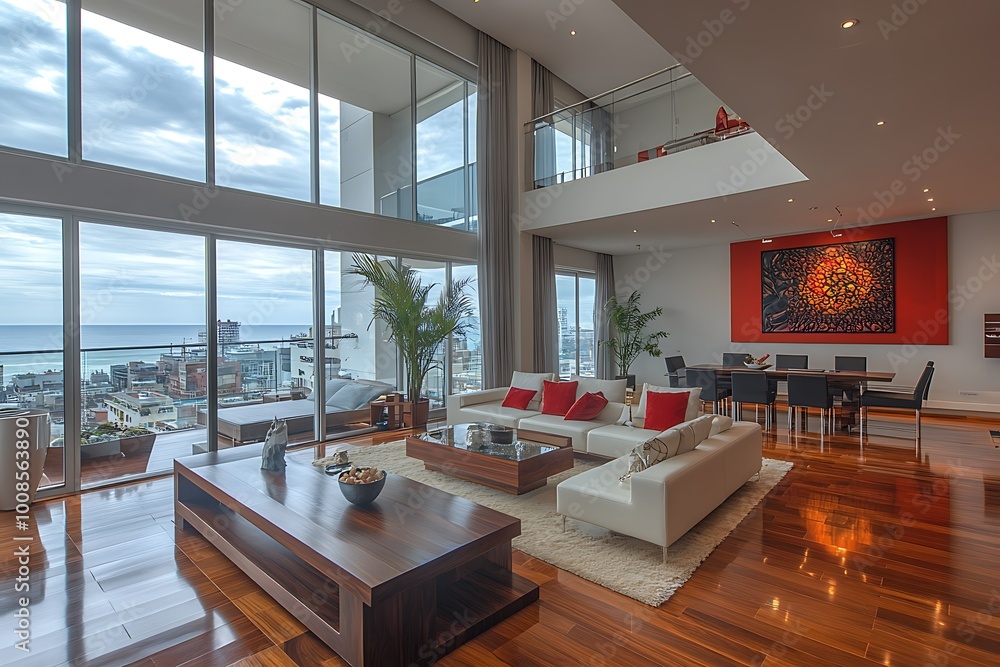 Wall mural Modern living room with ocean view and stylish decor.