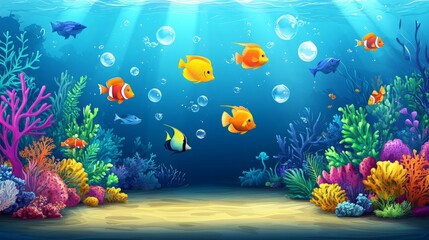 Vibrant underwater scene with coral reefs, fish, and bubbles.