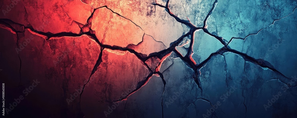 Poster abstract texture showcasing cracks in vibrant colors of red and blue, creating a dramatic visual eff