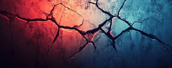 Abstract texture showcasing cracks in vibrant colors of red and blue, creating a dramatic visual effect for backgrounds.
