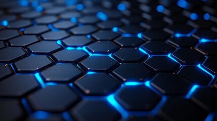 Obraz premium dark hexagon pattern with blue lights between lines, desk mat style, birds eye view 
