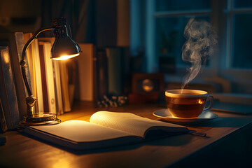 hot tea with book cozy scene
