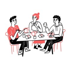 This shows three people sitting at a table, eating and drinking. They’re having a meal together, possibly enjoying a casual or social dining experience. 