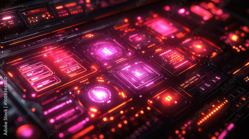 Poster bright neon lights illuminate a complex control panel filled with digital displays and buttons, crea