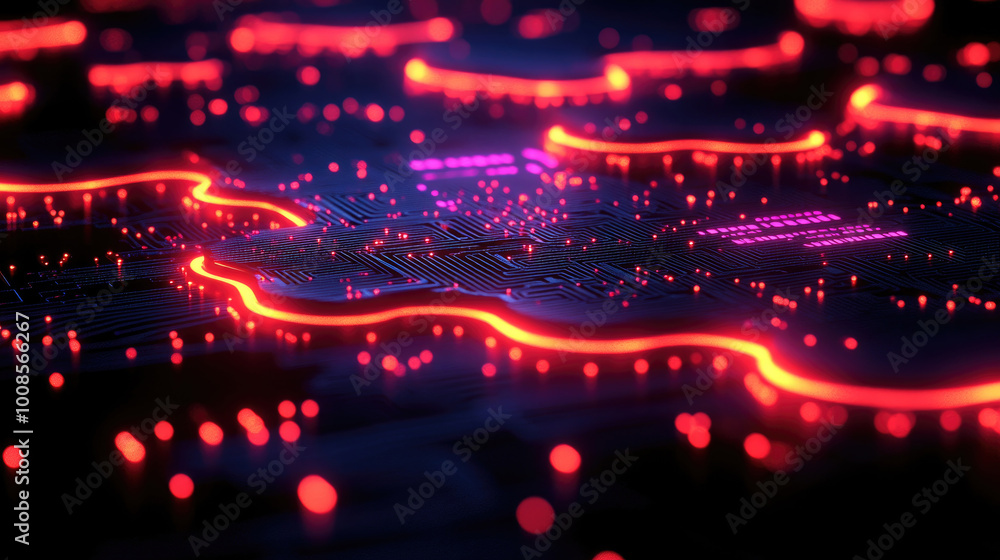 Poster the artwork showcases a network of vibrant neon circuitry illuminated by glowing nodes, creating a s