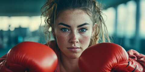 Determined female boxer with red gloves training in a gym, showcasing strength, focus, and empowerment through sports