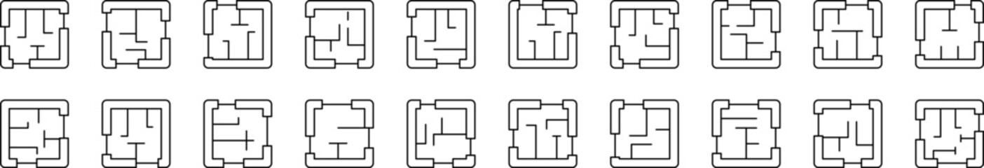 Floor Plan Outline Simple Linear Image Collection. Editable Stroke. Suitable for Web Sites, Books, Cards, Apps