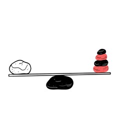 This shows a seesaw balance with a single rock on one side and a stack of rocks on the other, illustrating the concept of weight distribution and balance.